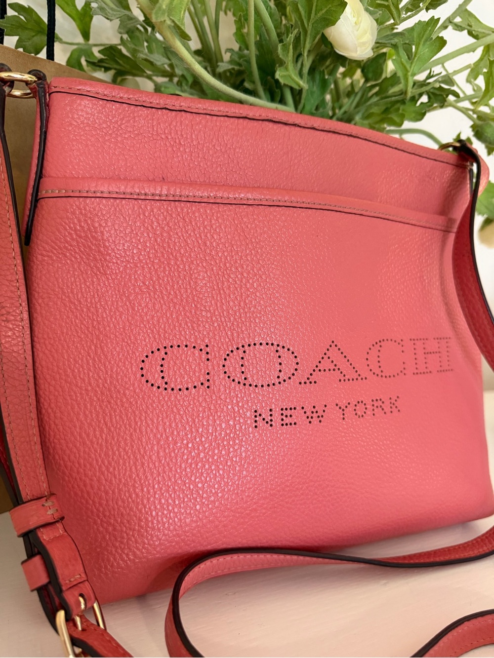 COACH Coral Bright Pink Perforated Logo Pebble Leather Crossbody style 91167 - Picture 3 of 15